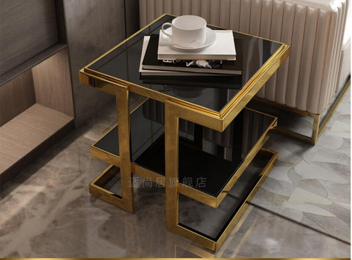 Extremely simple and light luxury golden stainless steel corner sofa edge a few layers of modern and simple tempered glass side