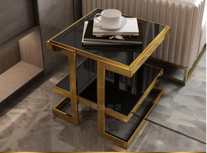 Extremely simple and light luxury golden stainless steel corner sofa edge a few layers of modern and simple tempered glass side