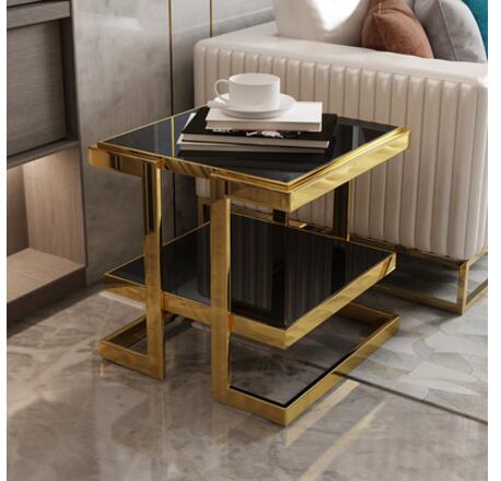 Extremely simple and light luxury golden stainless steel corner sofa edge a few layers of modern and simple tempered glass side