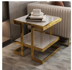 Extremely simple and light luxury golden stainless steel corner sofa edge a few layers of modern and simple tempered glass side