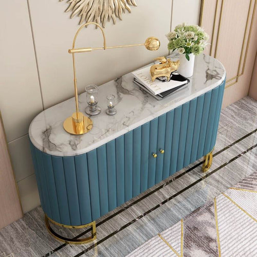 Nordic light luxury stainless steel sideboard, modern restaurant console table besides dining table