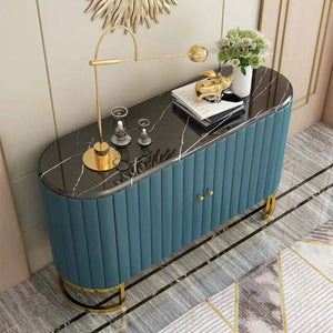 Nordic light luxury stainless steel sideboard, modern restaurant console table besides dining table