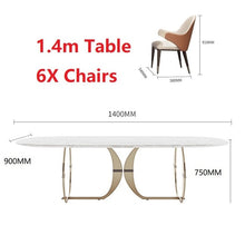 Load image into Gallery viewer, Italian gold stainless steel wedding dinning tables sets luxury 6 chairs modern marble dining table set