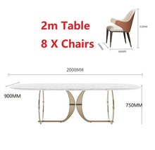 Load image into Gallery viewer, Italian gold stainless steel wedding dinning tables sets luxury 6 chairs modern marble dining table set