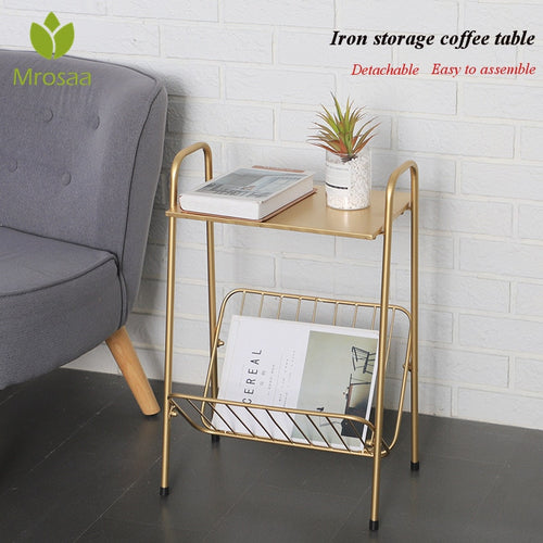 Modern Coffee End Side Table Golden For Home Living Room Sofa Side Tea Desk Iron Two Layers Bedside Magazine Storage Shelf
