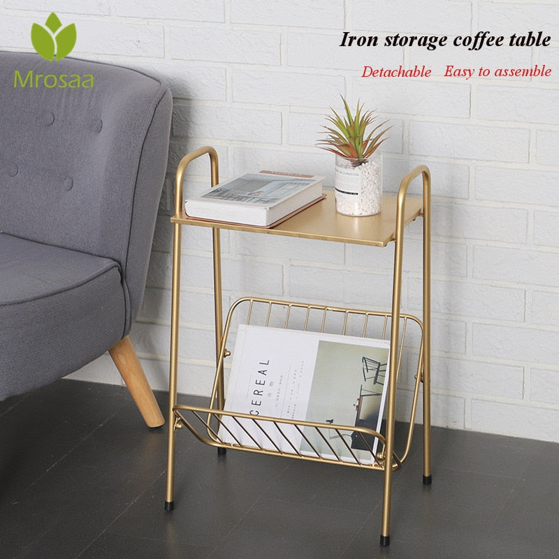 Modern Coffee End Side Table Golden For Home Living Room Sofa Side Tea Desk Iron Two Layers Bedside Magazine Storage Shelf