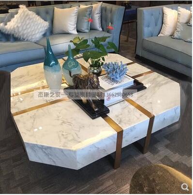 Natural marble coffee table living room Jiugongge coffee table Nordic creative brass stainless steel tea table square tea table
