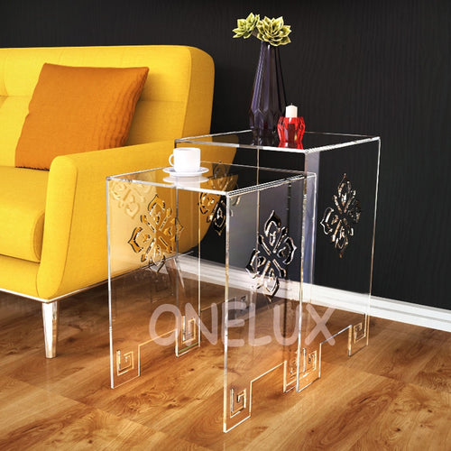 (2 Pieces/lot) Waterfall Engraved Acrylic Nesting Side Table,Lucite Occasional Sofa Riser Tables - ONE LUX